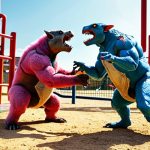 **Epic Mecard Battle Scene:** A dynamic shot of two Mecanimals clashing mid-transformation, cards scattered around them on a playground setting in Italy. Bright colors, action-packed.