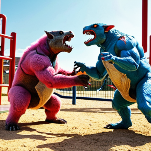 Home 15 **Epic Mecard Battle Scene:** A dynamic shot of two Mecanimals clashing mid-transformation, cards scattered around them on a playground setting in Italy. Bright colors, action-packed.