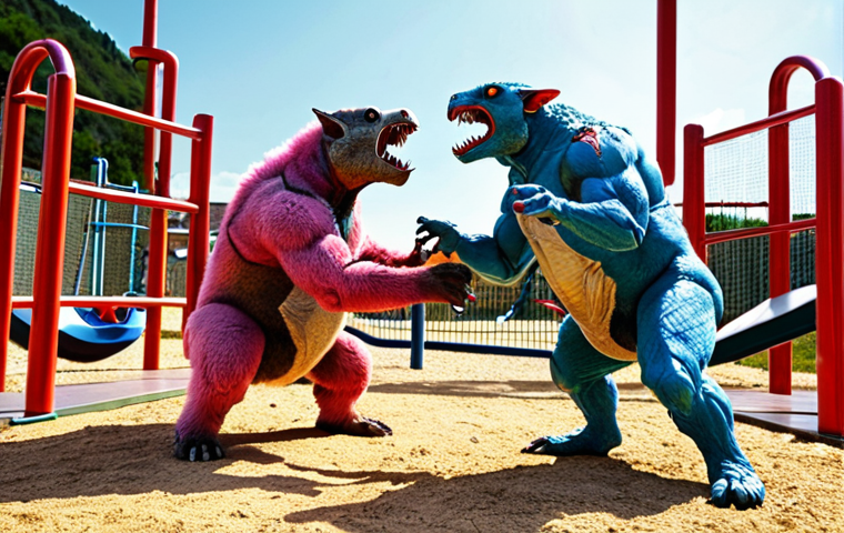 **Epic Mecard Battle Scene:** A dynamic shot of two Mecanimals clashing mid-transformation, cards scattered around them on a playground setting in Italy. Bright colors, action-packed.