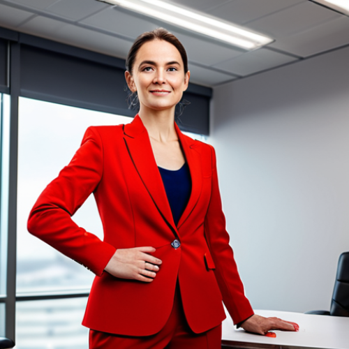 Home 14 A dynamic and passionate professional individual, standing confidently in a modern, high-energy office setting. The subject is fully clothed in a vibrant red business suit, reflecting determination and courage, appropriate attire. The scene is illuminated by warm, energetic lighting. This image should convey strength and an unstoppable drive, suitable for professional photography, high quality, perfect anatomy, correct proportions, natural pose, well-formed hands, proper finger count, natural body proportions, safe for work, appropriate content, family-friendly.