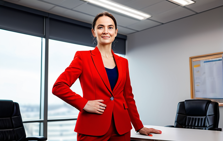 A dynamic and passionate professional individual, standing confidently in a modern, high-energy office setting. The subject is fully clothed in a vibrant red business suit, reflecting determination and courage, appropriate attire. The scene is illuminated by warm, energetic lighting. This image should convey strength and an unstoppable drive, suitable for professional photography, high quality, perfect anatomy, correct proportions, natural pose, well-formed hands, proper finger count, natural body proportions, safe for work, appropriate content, family-friendly.