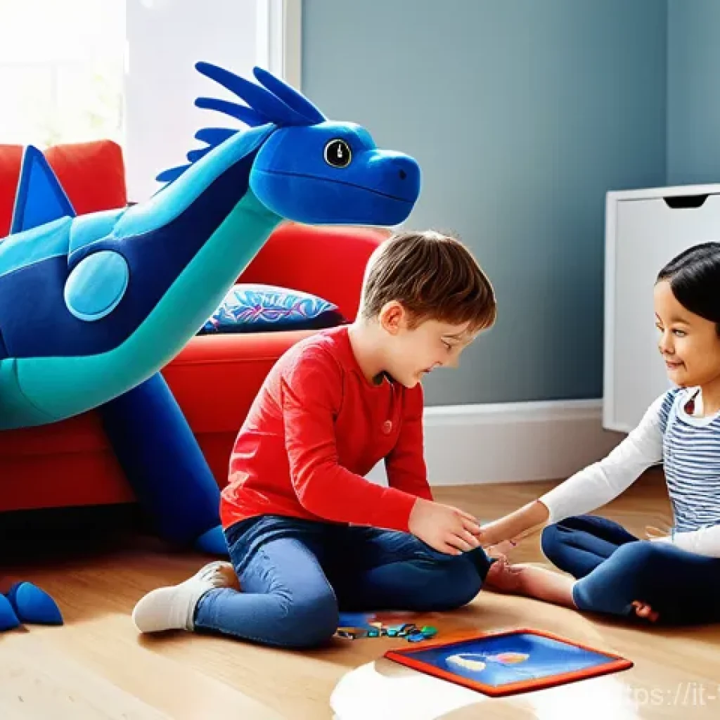 터닝메카드의 사회적 영향 - **Imaginative Indoor Play with Transforming Toys:**
"A cozy, sunlit living room with a soft rug ...