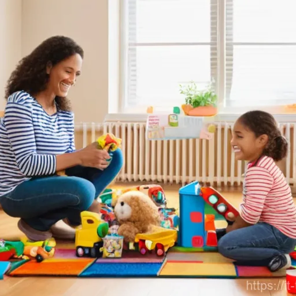 터닝메카드 완구 관리 및 보관법 - **Prompt:** A heartwarming and bright scene in a child's playroom, where a smiling mother and her tw...