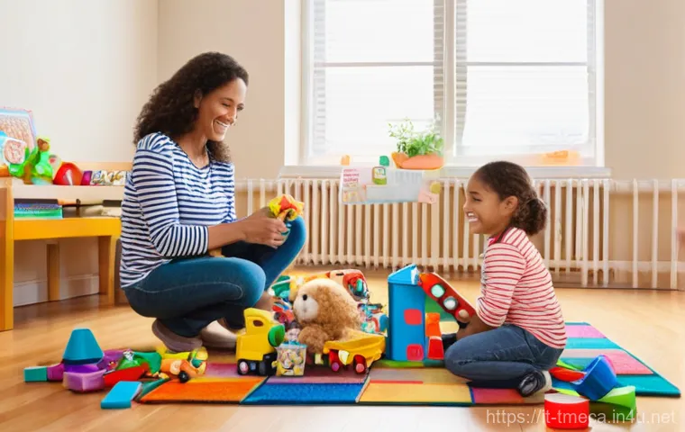터닝메카드 완구 관리 및 보관법 - **Prompt:** A heartwarming and bright scene in a child's playroom, where a smiling mother and her tw...