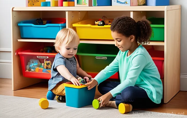 터닝메카드 완구 관리 및 보관법 - **Prompt:** A heartwarming and bright scene in a child's playroom, where a smiling mother and her tw...