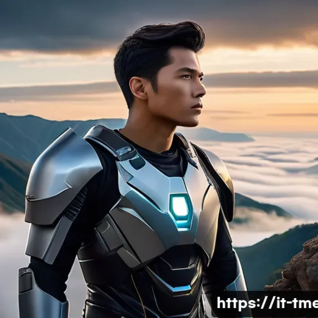 터닝메카드 각 캐릭터의 성장 이야기 - A dynamic scene depicting Jino, a young determined leader, standing confidently on a rugged cliff ed...
