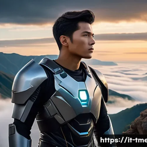 Home 32 터닝메카드 각 캐릭터의 성장 이야기 - A dynamic scene depicting Jino, a young determined leader, standing confidently on a rugged cliff ed...