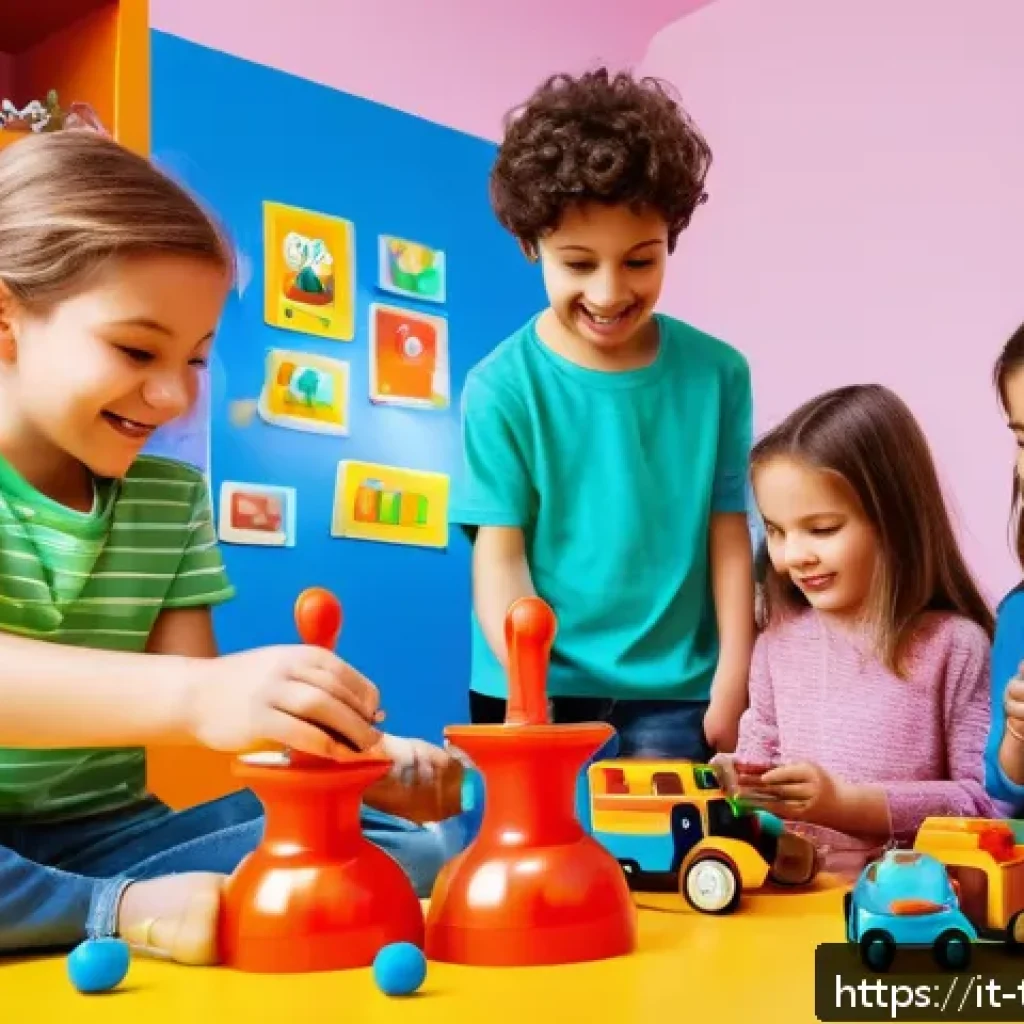 터닝메카드 애니메이션과 완구의 연계성 - A lively Italian children’s playroom scene featuring a group of kids aged around 8-10, all wearing c...