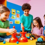 Home 17 터닝메카드 애니메이션과 완구의 연계성 - A lively Italian children’s playroom scene featuring a group of kids aged around 8-10, all wearing c...