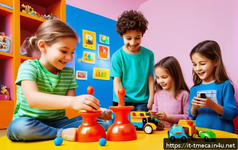 터닝메카드 애니메이션과 완구의 연계성 - A lively Italian children’s playroom scene featuring a group of kids aged around 8-10, all wearing c...