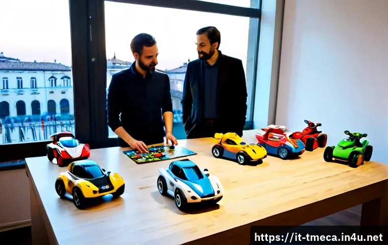 Home 16 터닝메카드 제작사의 향후 계획 - Photorealistic creative planning meeting inside a modern Italian toy and animation studio, diverse d...